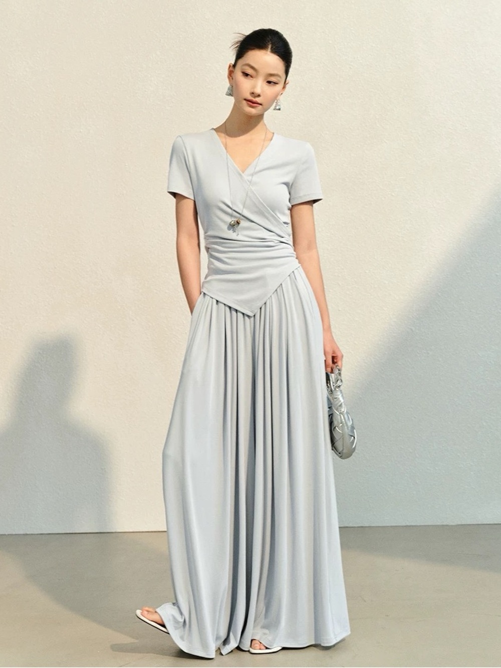 Light Blue Wrap-Style Maxi SET - Elegant V-Neck